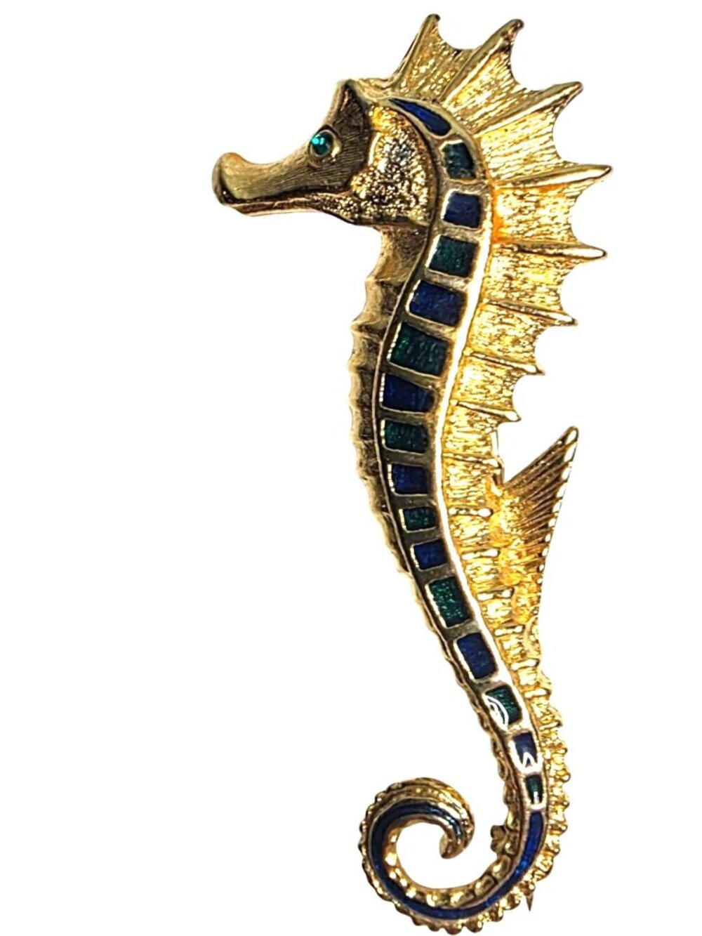Seahorse Pin Brooch Vtg Gold tone Blue Green ocean animal beach shore marine